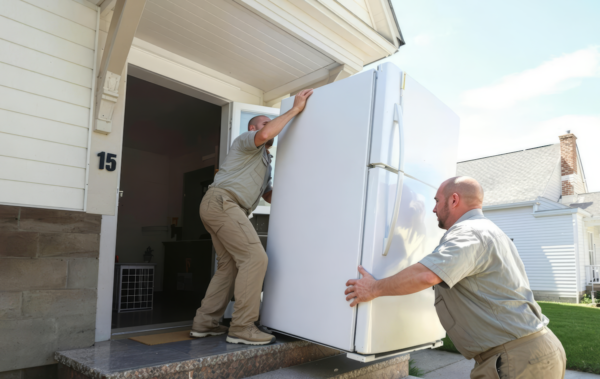 men moving refrigerator